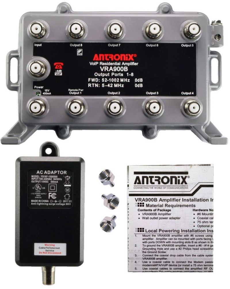 [AUSTRALIA] - Reliable Cable Products 9 Port Bi-Directional Cable TV Splitter Signal Booster/Amplifier with Active Return Zero Signal Loss VoIP Telephone Bypass Port and F59 Terminators Antronix VR900B/AC 