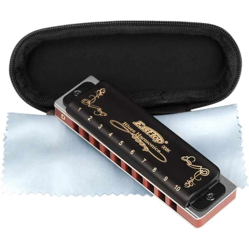 [AUSTRALIA] - Easttop Professional Harmonica Blues Key of D 10 Hole 20 Tone Heavy Duty with Case & Cleaning Cloth for Professional Player,Beginner,by Eison-East Top,Black,Great Christmas Gift 
