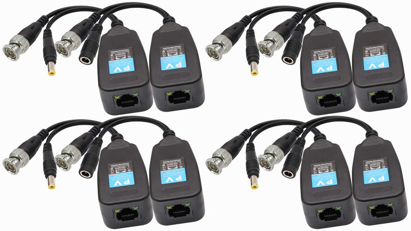 Video Balun RJ45 to BNC Transceiver Transmitter HD-CVI/TVI/AHD/CVBS with DC Power Connector for 1080P 3MP 4MP 5MP 8MP CCTV Security DVR Surveillance Camera System (4Pairs) 4Pairs