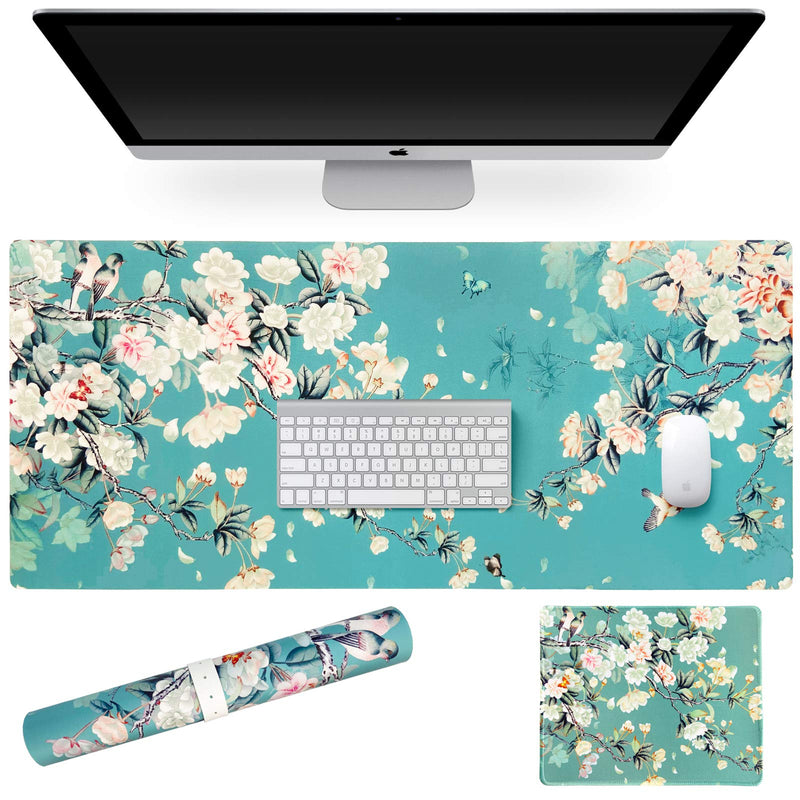 Sanfulin Multifunctional PU Leather Office Desk Pad 35.4''X15.7'' with Floral Design + Mouse Pad 10.2''×8.3''×0.12'', Extended Large Non Slip Ultra Thin Waterproof Desk Writing Mat (Chinese Flower) Chinese Flower