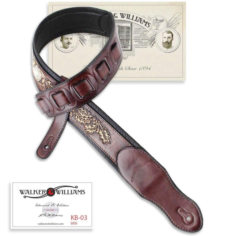 Walker & Williams KB-03-BRN Walnut Brown Full Grain Center Block Carving Leather Padded Guitar Strap With American Eagle & Oak Leaves For Acoustic, Electric, And Bass Guitars