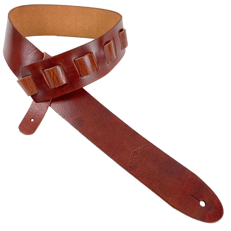 Walker & Williams S-02 Heavy Textured Whiskey Brown Full Grain Extra Thick Soft Italian Leather Rugged Finish Guitar Strap For Acoustic, Electric, And Bass Guitars