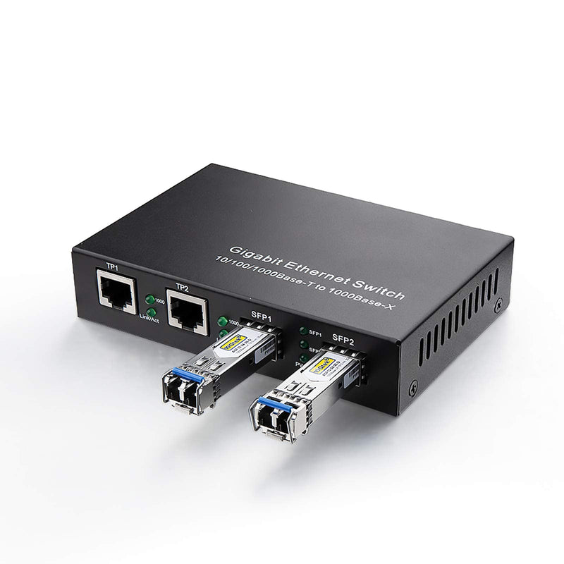 Gigabit Ethernet Media Converter, Singlemode Dual LC, 1.25Gb/s 2X 10/100/1000Base-T RJ45 Networks Ethernet to 2X 1000Base-X SFP Fiber Converter with 2X Gigabit SFP 1000Base-LX Transceiver 4 Port | 2x SFP - 20km slot