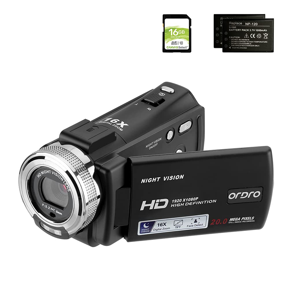 ORDRO Camcorders HDV-V12 HD 1080P Video Camera Recorder Infrared Night Vision Camera Camcorders with 16G SD Card and 2 Batteries