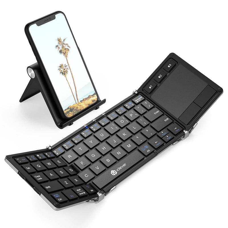 Foldable Keyboard, iClever BK08 Bluetooth Keyboard with Sensitive Touchpad (Sync Up to 3 Devices), Pocket-Sized Tri-Folded Portable Keyboard for iPad Mac iPhone Android Windows iOS, Silver
