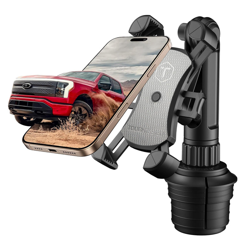 ToughTested Cup Holder Phone Mount, Heavy Duty Boom Arm, Adjustable Grip | Adjustable cell phone holder with a no-vibration boom arm, 360° rotation, quick-release button, and case-friendly design