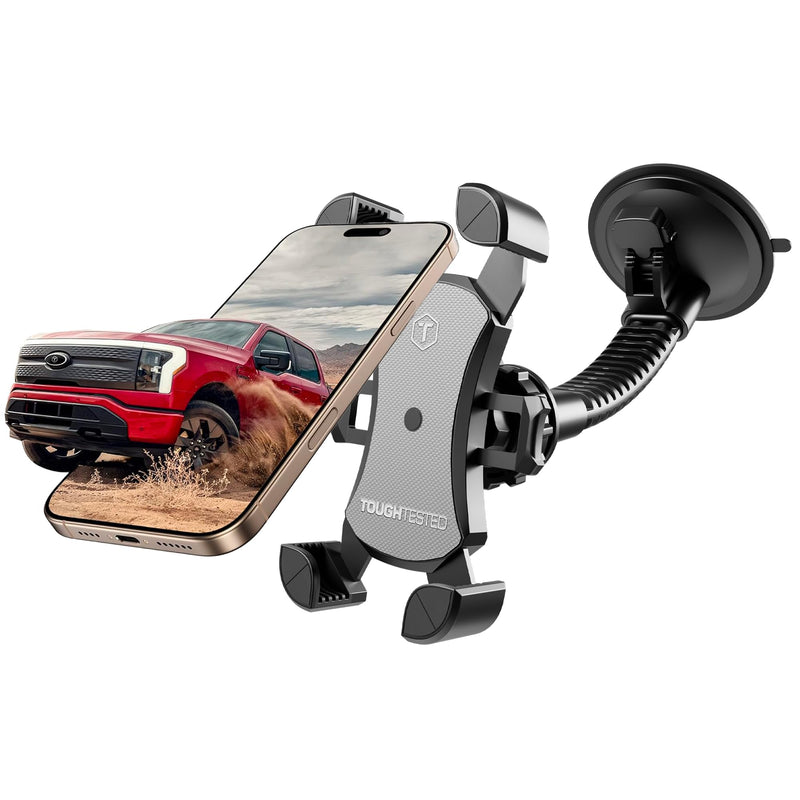 ToughTested Mammoth Truck Car Phone Holder Mount Vibration Absorbing Holder | 360° rotating phone holder for car with extra-large suction cup, expandable claw grip, and one-hand quick release Mobile Mount
