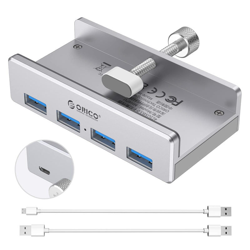 ORICO 4 Port USB 3.0 Hub Clamps on Monitor or Table, USB A/A and A/C Cable Included(4.92FT), Extra Power Supply Port, Space-Saving Mountable Aluminum USB Hub for iMac, All-in-One Desktop Computer 4 port + 2 Data Cable