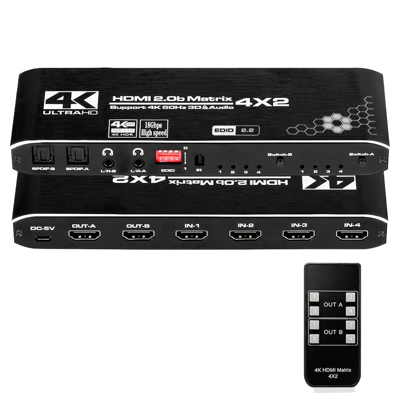 [AUSTRALIA] - HDMI Matrix Switch 4x2, 4K HDMI Matrix Switcher Splitter 4 in 2 Out Box with EDID Extractor and IR Remote Control Support 4K HDR, HDMI 2.0b, HDCP 2.2, 4K@60Hz, 3D, 1080P Black 