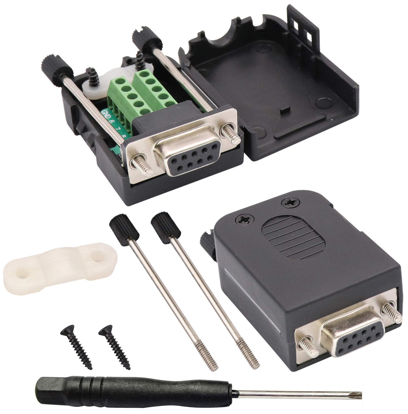 AAOTOKK DB9 Screw Terminal Block Adapter D-SUB 9-pin RS232 Female to 9 +1 Pin/Way Female Serial Terminal Breakout Board Connector Signal Module with case (2Pcak/Female)