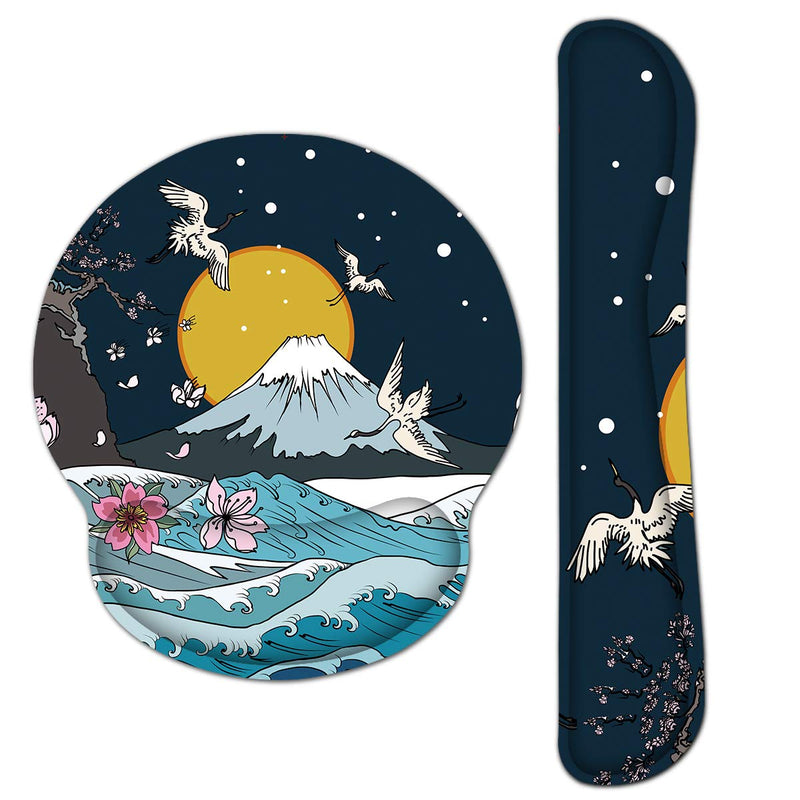 AORTDES Memory Foam Ergonomic Keyboard Mouse Pad Wrist Support Set - Non Slip Mousepad Wrist Rest for Computer/Gaming/Office - Comfortable for Easy Typing & Pain Relief(Fujiyama & Moon & White Crane) Kwrp-01a