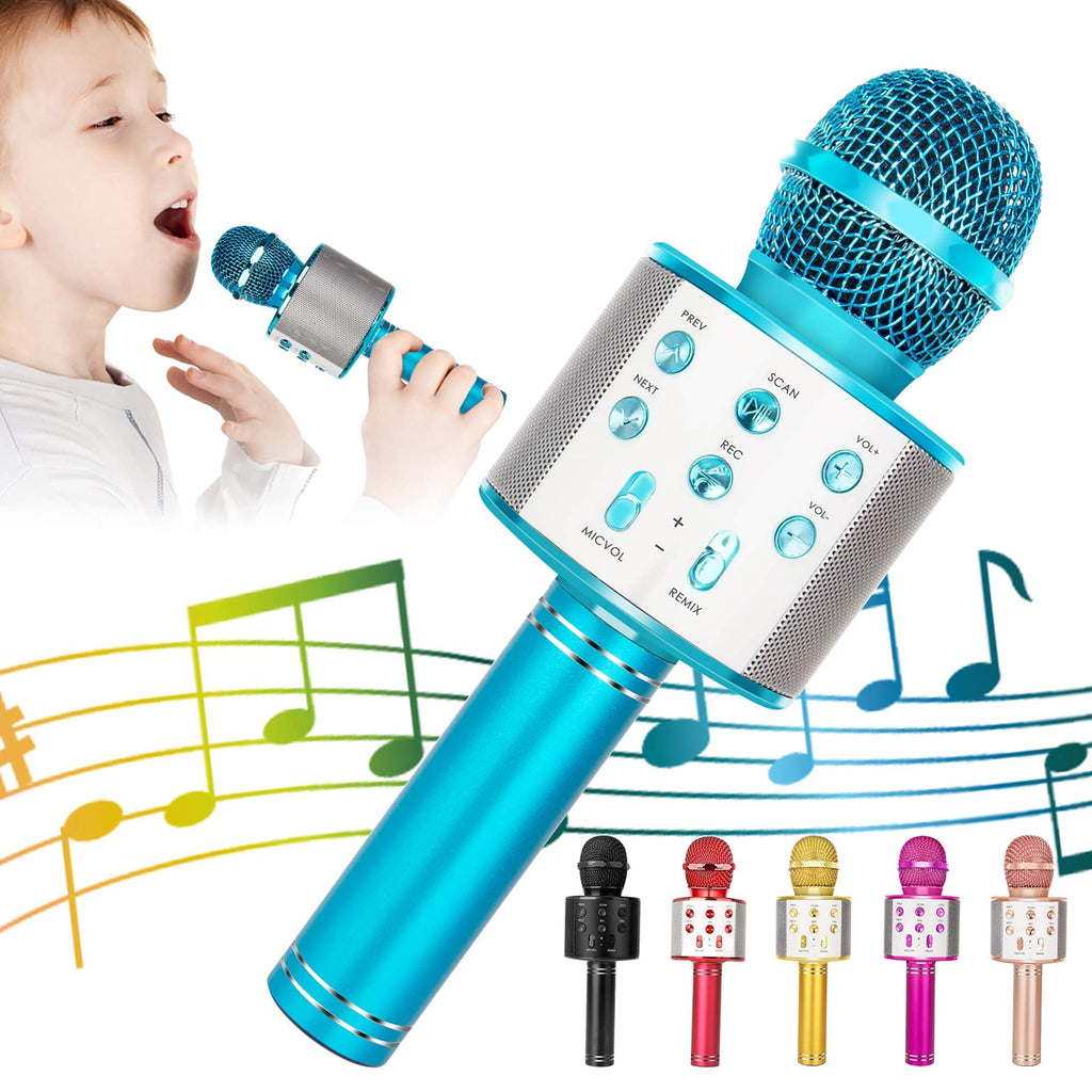 KIDWILL Wireless Bluetooth Karaoke Microphone for Kids, 5-in-1 Portable Handheld Karaoke Mic Speaker Player Recorder with Adjustable Remix FM Radio for Kids Girls Boys Teens Birthday (858-Blue) Blue