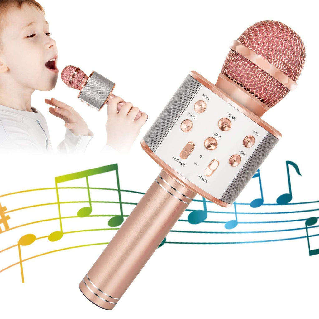 KIDWILL Wireless Bluetooth Karaoke Microphone for Kids, 5-in-1 Portable Handheld Karaoke Mic Speaker Player Recorder with Adjustable Remix FM Radio for Kids Girls Boys Teens Birthday (858-Rose Gold) Rose Gold