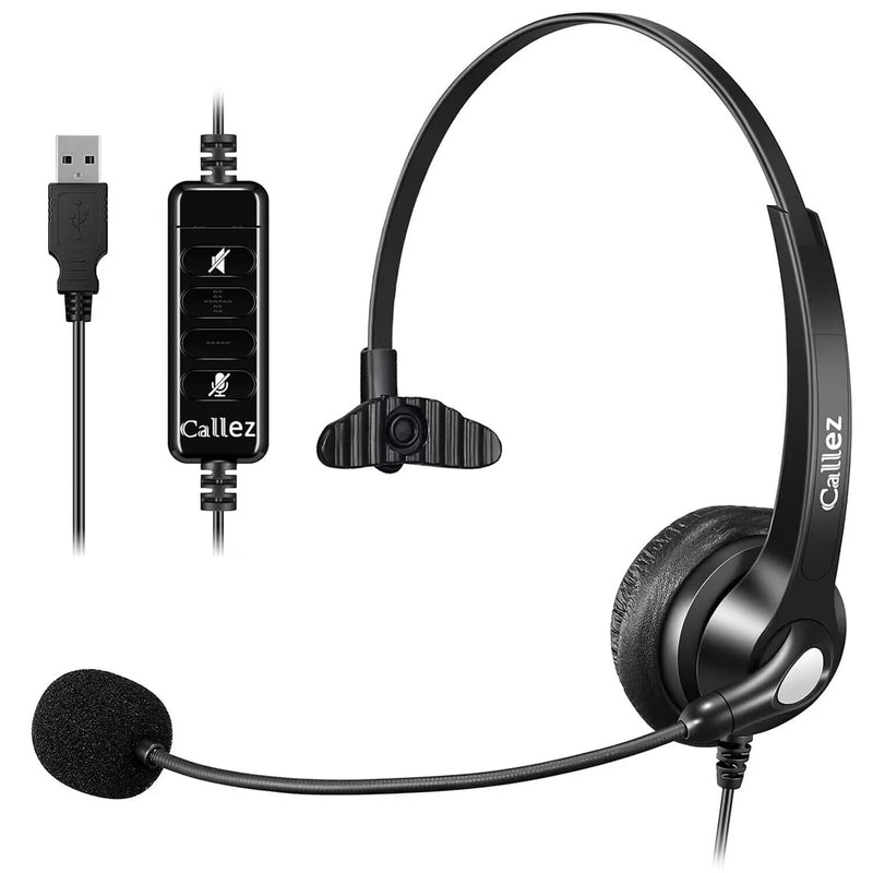 Callez USB Headset with Microphone Noise Cancelling & Audio Controls, Wideband Computer Headphones for Business UC Skype Lync Softphone Call Center Office, Clearer Voice, Super Light, Ultra Comfort Black