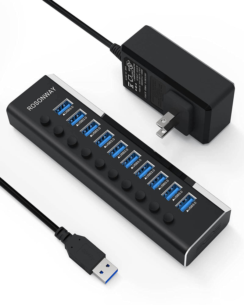 Powered USB Hub, Rosonway Aluminum 10 Port USB 3.0 Data Hub with 36W (12V/3A) Power Adapter and Individual On/Off Switches USB Splitter(RSH-A10)