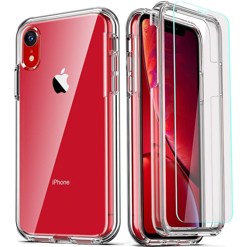 COOLQO Compatible for iPhone XR Case, with [2 x Tempered Glass Screen Protector] Clear 360 Full Body Coverage Hard PC+Soft Silicone TPU 3in1 [Heavy Duty Shockproof Defender] Phone Protective Cover 111_Clear XR 6.1 inch