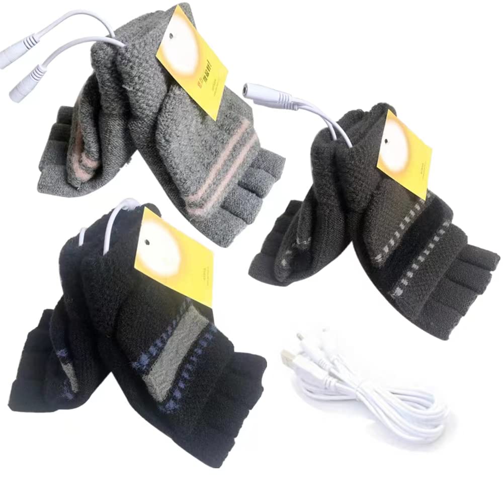 Women's & Men's 3 Pack USB Heated Gloves Mitten Winter Hands Warm Laptop Gloves, Knitting Hands Full & Half Heated Fingerless Heating Warmer Washable Design (Black+D Gray+Gray) Black+d Gray+gray