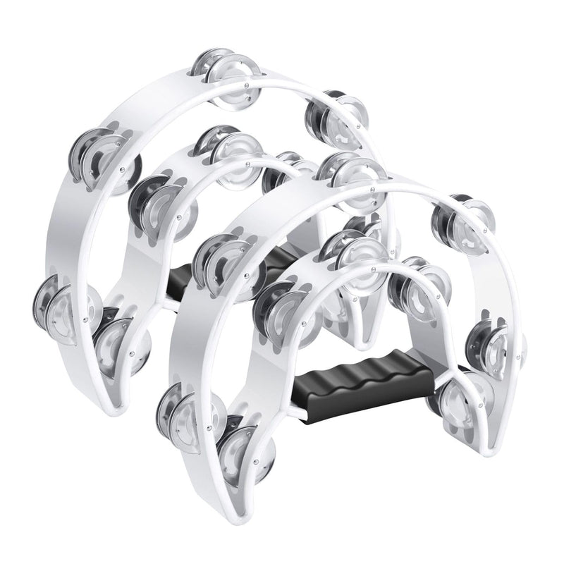 [AUSTRALIA] - Flexzion Tambourine Metal Half Moon Musical Instruments Double Row Metal Jingles Hand Held Instruments Percussion with Ergonomic Handle Grip, Tambourines for Adults, 2 Packs - White 