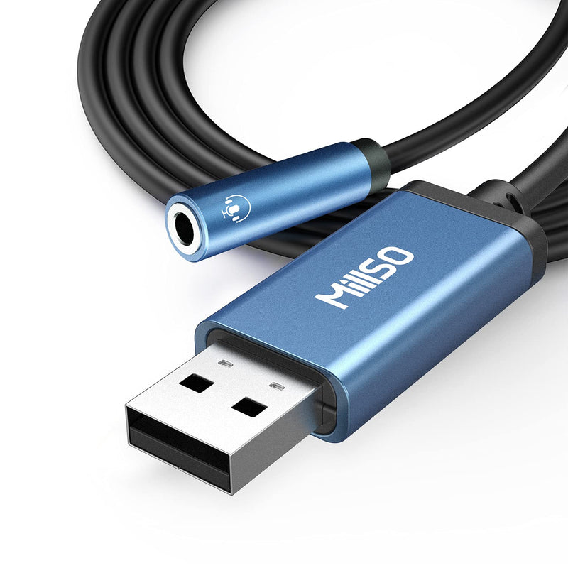 MillSO USB to 3.5mm Audio Jack Adapter TRRS USB to Aux Audio Jack 3 Feet | Sapphire Blue, Metal Shell, Premium External Stereo USB Sound Card for Headphone, Speaker, PS4, PS5, PC, Laptop, Desktop