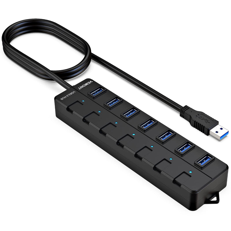 USB hub 3.0,7-Port USB Hub,VEMONT 3.0 USB Splitter with Individual On/Off Switches and Lights, 4ft/1.2m Long Cable USB Extension for Laptop and PC Computer 4ft Black