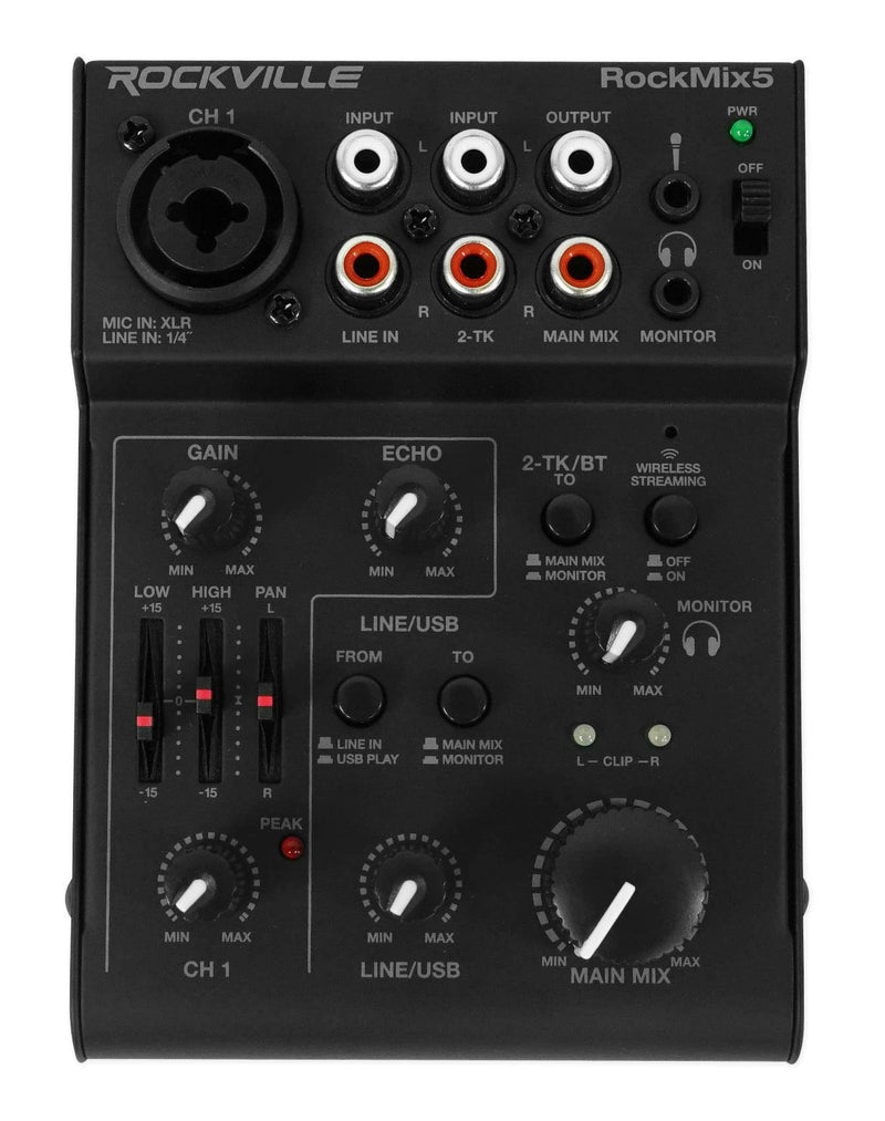 Rockville RockMix 5 Channel Pro Mixer w/USB Interface, Bluetooth, Echo, 2-Band EQ, Compact Design, Portable, for Podcasting and Live Music