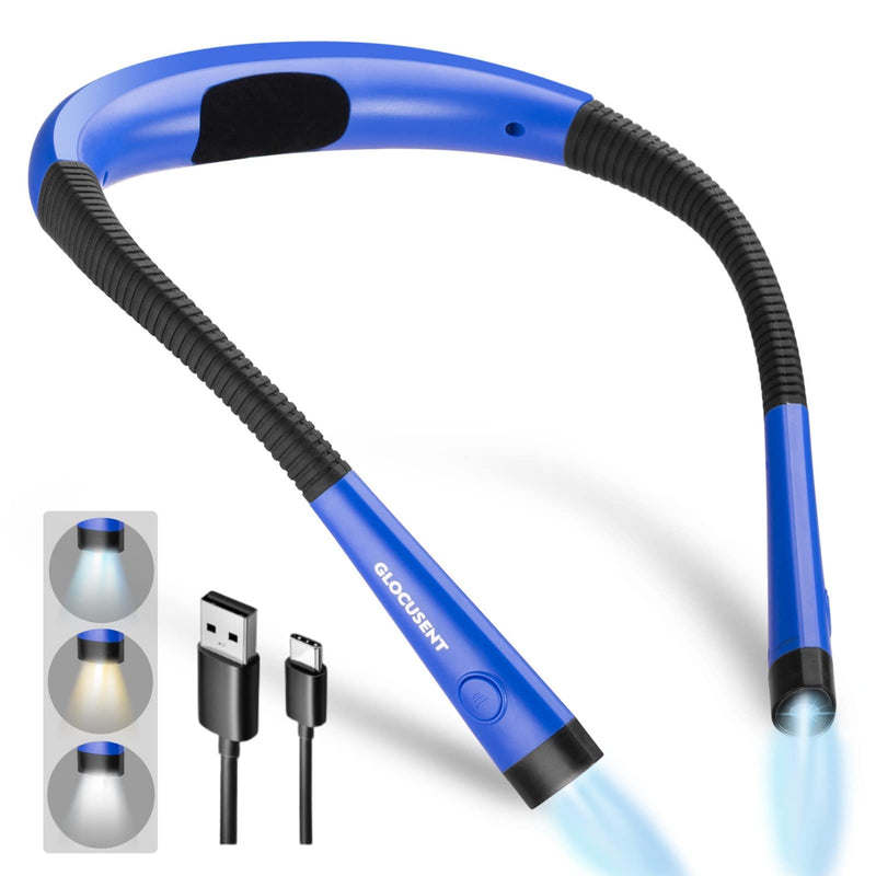 Glocusent LED Neck Reading Light, Book Light for Reading in Bed, 3 Colors, 6 Brightness Levels, Bendable Arms, Rechargeable, Long Lasting, Perfect for Reading, Knitting, Camping, Repairing Light Blue