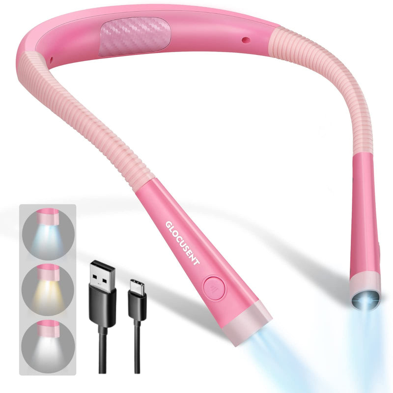 Glocusent LED Neck Reading Light, Book Light for Reading in Bed, 3 Colors, 6 Brightness Levels, Bendable Arms, Rechargeable, Long Lasting, Pink, Perfect for Reading, Knitting, Camping, Repairing