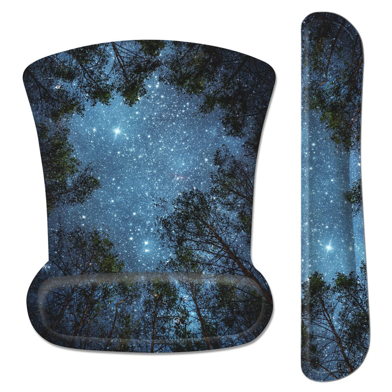 Ergonomic Mouse Pad with Wrist Support and Keyboard Wrist Rest Pad, iDonzon Cute Wrist Pad with Non-Slip Rubber Base and Raised Memory Foam, Easy Typing & Pain Relief, Forest Starry Blue