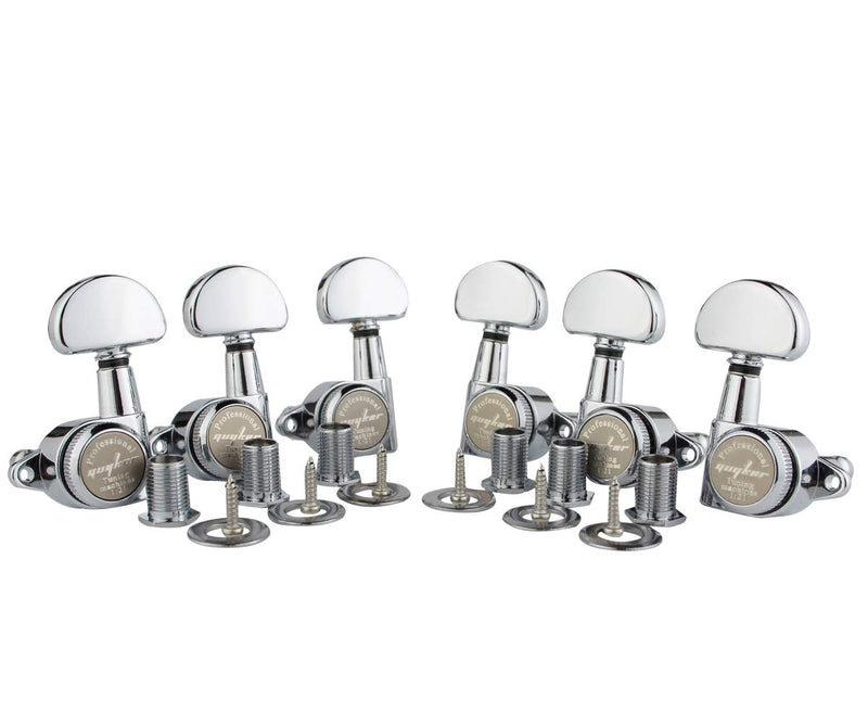 [AUSTRALIA] - Guyker 6Pcs Guitar Locking Tuners (3L + 3R Handed) – 1:21 Lock String Tuning Key Pegs Machine Heads with Half-Circle Handle Replacement for LP SG Style Electric, Folk or Acoustic Guitars – Chrome Chrome - Ratio 1:21 