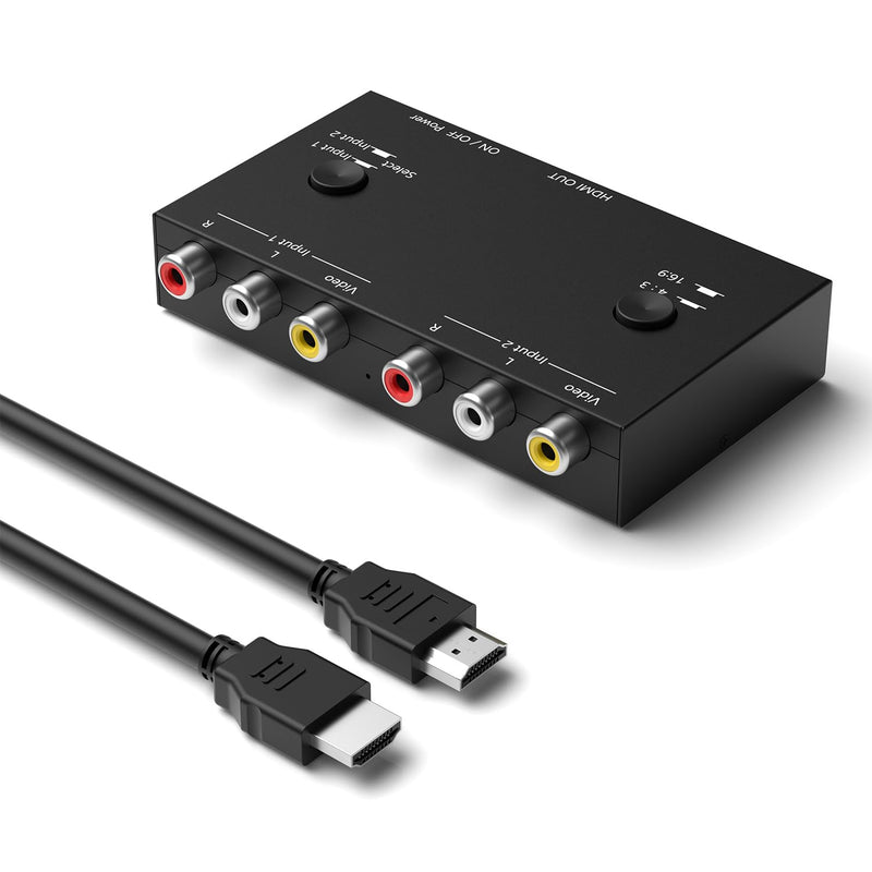 2 Port RCA/AV to HDMI Converter Adapter Support 16:9/4:3 for WII/N64/PS1/PS2/PS3/VHS/VCR/DVD Players etc(2 AV in 1 HDMI Out) 2Port AV to HDMI Converter