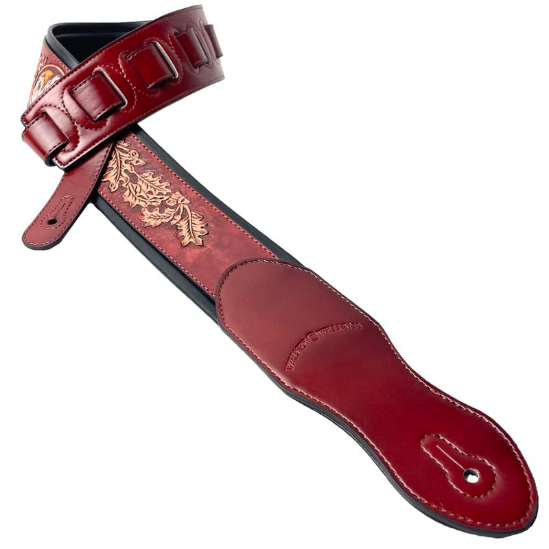 Walker & Williams KB-03-RB Mahogany Brown Full Grain Center Block Carved Leather Padded Guitar Strap With American Eagle & Oak Leaves For Acoustic, Electric, And Bass Guitars