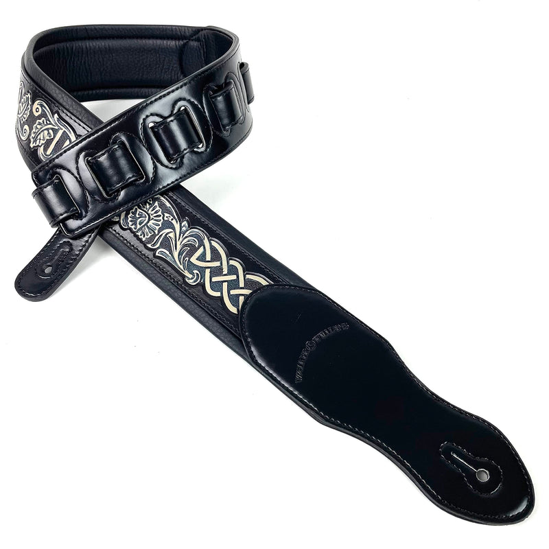 Walker And Williams KB-05-BLK Black Full Grain Center Block Premium Carving Leather Padded Guitar Strap With Aged White Carved Celtic Chain For Acoustic, Electric, And Bass Guitars