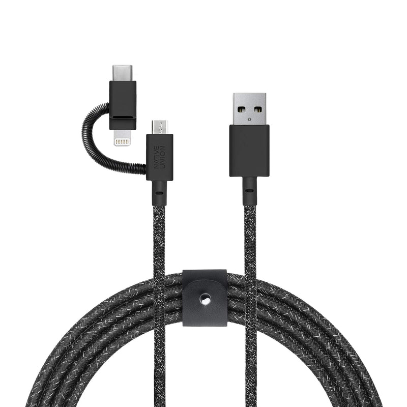 Native Union Belt Cable Universal - 6.5ft Ultra-Strong Reinforced [MFi Certified] Durable Charging Cable with 3-in-1 Adaptor for Lightning, USB-C and Micro-USB Devices (Black) Cosmos