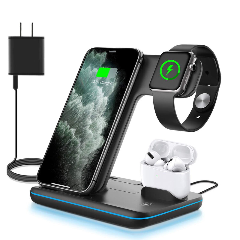 WAITIEE Wireless Charger 3 in 1, 15W Fast Charging Station for Apple iWatch SE/6/5/4/3/2/1,AirPods Pro, Compatible with iPhone 13/12/12 Pro Max/11 Series/XS Max/XR/XS/X/8/8 Plus/Samsung Galaxy (Black) Black