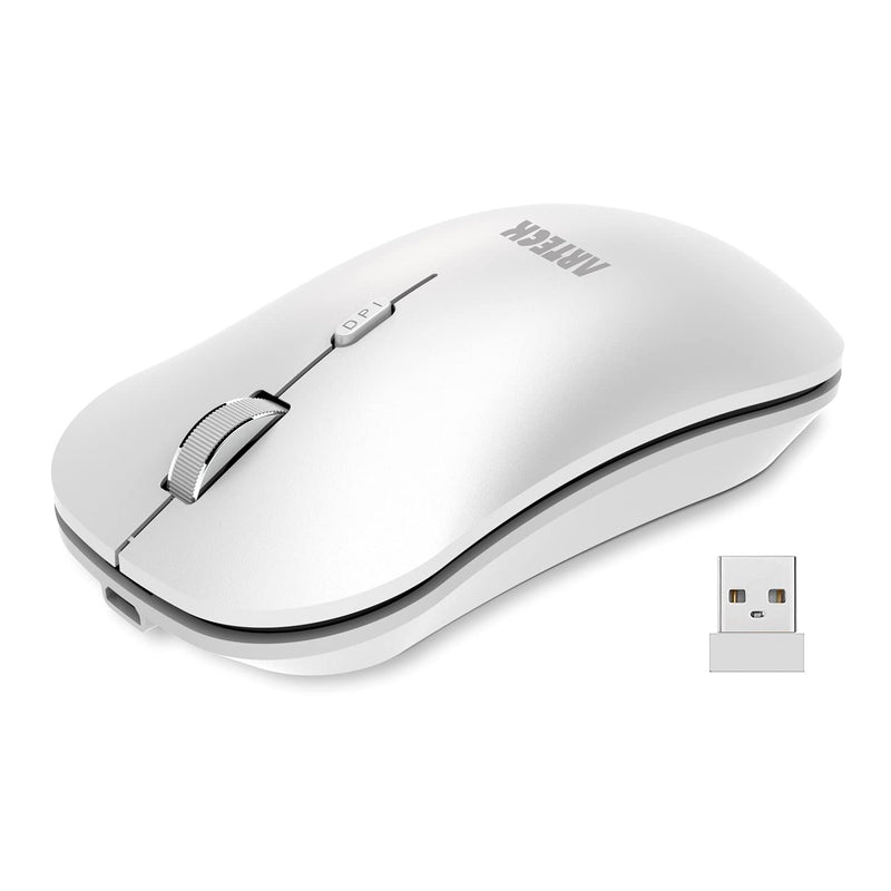 Arteck 2.4G Wireless Mouse with Nano USB Receiver Ergonomic Design Silent Clicking for Computer / Desktop / PC / Laptop and Windows 10/8/7 Build in Rechargeable Battery - White