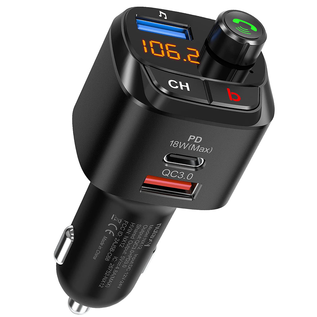 Nulaxy Bluetooth 5.0 FM Transmitter for Car, QC3.0 & USB-C PD 18W Wireless Bluetooth Radio Adapter Music Player/Car Kit with Bass Booster, Hands-Free Calls-NX12