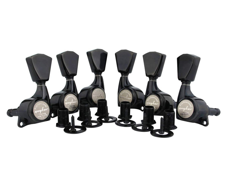 Guyker 6Pcs Guitar Locking Tuners (3L + 3R Handed) – 1:21 Lock String Sealed Tuning Key Pegs Machine Heads with Keystone Knob Replacement for LP, SG, TL Style Electric or Acoustic Guitars – Black Black - Ratio 1:21
