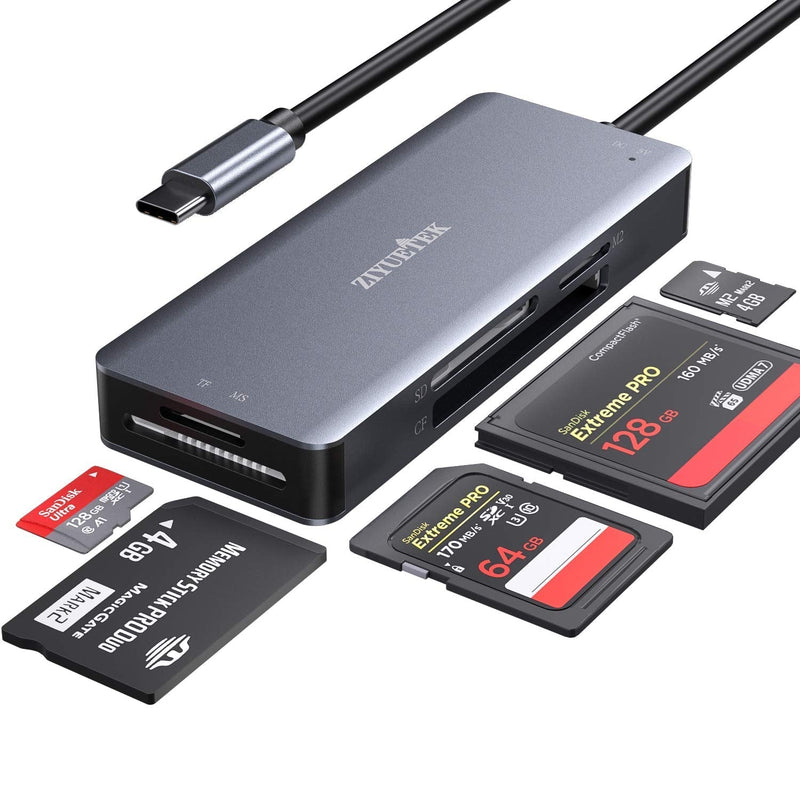 ZIYUETEK USB C CF Card Reader,5- in-1 Aluminum Thunderbolt 3 Memory Card Reader for CF, SD/SDHC,TF/Micro SD/MS/M2,CompactFlash Card - Grey TYPE-C