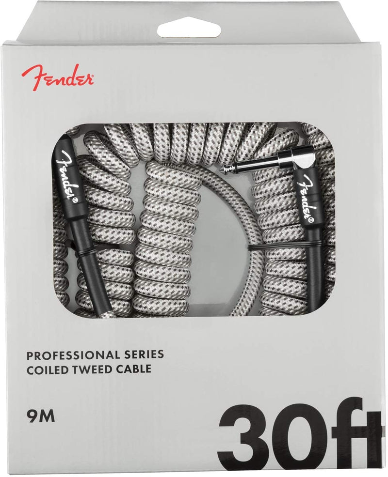 Fender Professional Series Tweed Coiled Instrument Cable, Guitar Cable, Stocking Stuffers, Guitar Accessories, Straight/Angle, White, 30ft Grey Tweed
