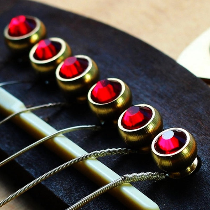 6Pcs Bridge Pin Copper Material Folk Acoustic Guitar Bridge Pin Peg Nail with Colorful Crystal Glass Dot Red