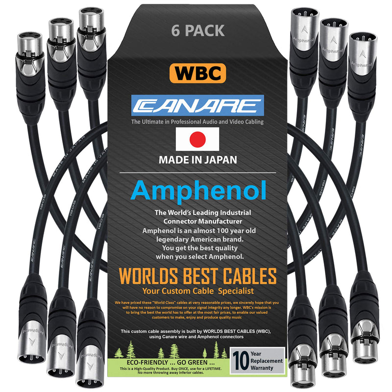 WORLDS BEST CABLES 6 Units - 6 Inch - Canare L-4E6S, Star Quad Balanced Male to Female Microphone Cables with Amphenol AX3M & AX3F Silver XLR Connectors - Custom Made