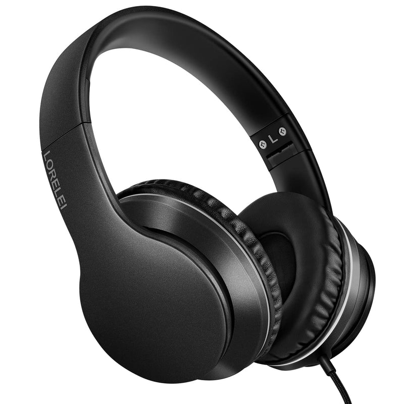 LORELEI X6 Over-Ear Headphones with Microphone, Lightweight Foldable & Portable Stereo Bass Headphones with 1.45M No-Tangle, Wired Headphones for Smartphone Tablet MP3 / 4 (Space Black) Space Black
