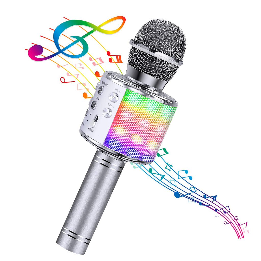 4 in 1 Karaoke Wireless Microphone with LED Lights, Portable Microphone for Kids, Great Gifts Toys for Kids, Girls, Boys and Adults (Silver) Silver