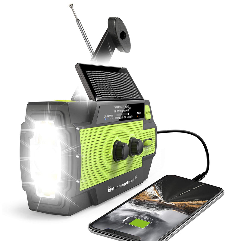 【2021 Newest】RunningSnail Emergency Crank Radio，4000mAh-Solar Hand Crank Portable AM/FM/NOAA Weather Radio with 1W Flashlight&Motion Sensor Reading Lamp，Cell Phone Charger, SOS for Home and Emergency Green