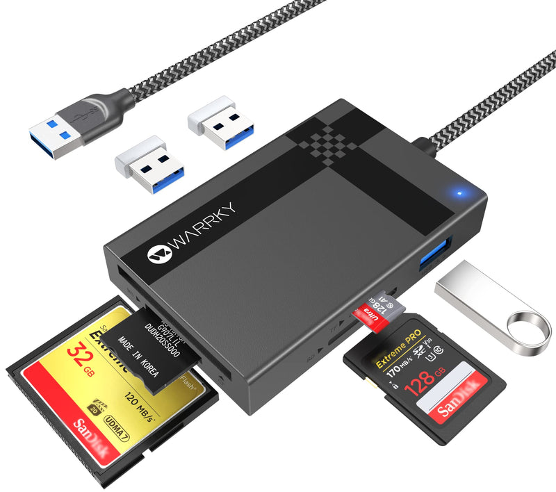 SD Card Reader 7 IN 1 USB 3.0, WARRKY 2.5FT [Highspeed, Simultaneous Read and Write] Multi-Port Adapter Hub of 3 USB, 4 Memory Cards for CF, MS, SDXC, SDHC, MMC, Micro SDXC, microSD, Micro SDHC, UHS-I