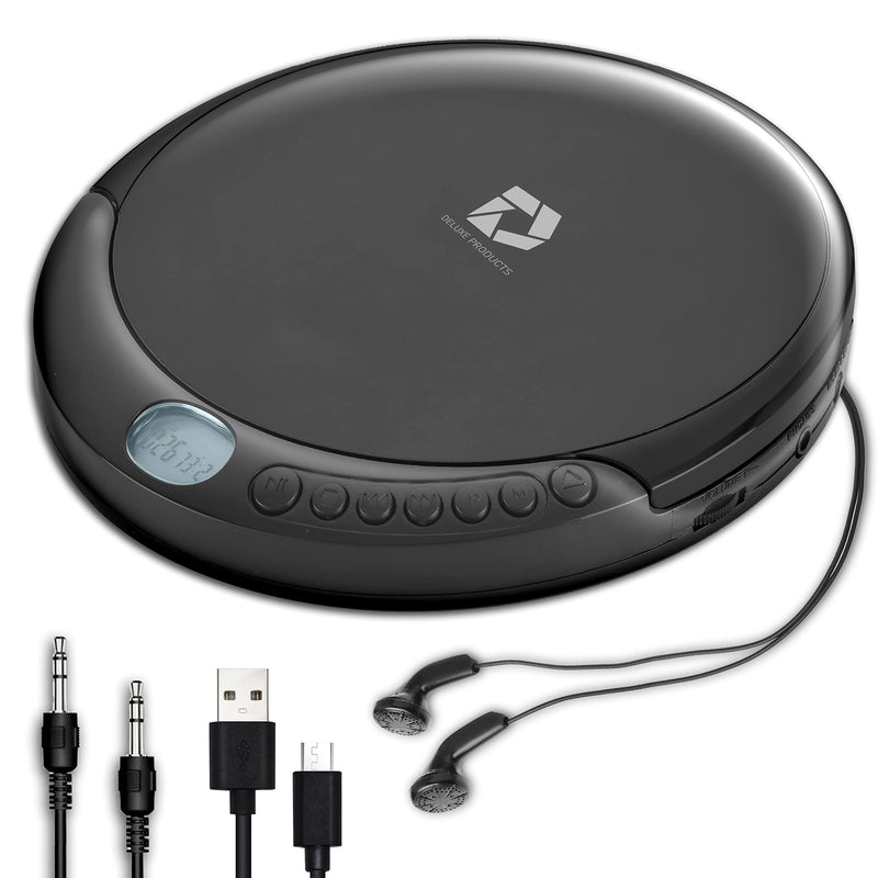 Deluxe Products CD Player Portable with 60 Second Anti Skip, Stereo Earbuds, Includes Aux in Cable and AC USB Power Cable for use at Home or in Car Black_CD