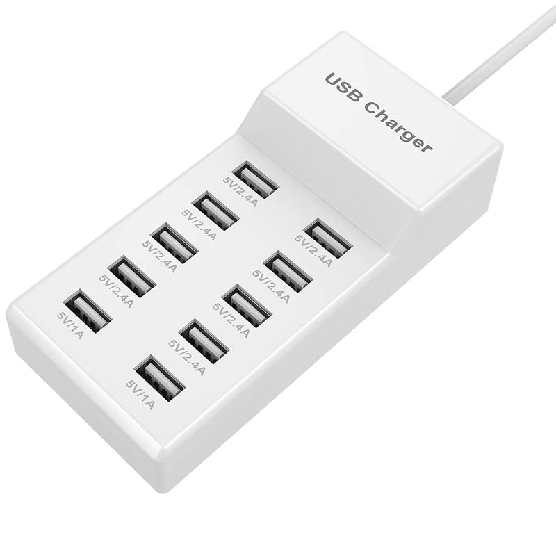 10-Port USB Wall Charger Station with Rapid Charging Auto Detect Technology Safety Guaranteed Family-Sized USB Ports for Multiple Devices Smart Phone Tablet Laptop Computer White