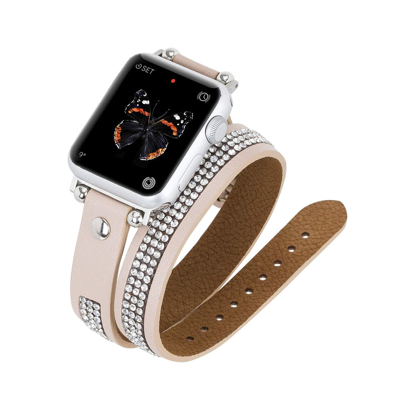 Venito Livorno Double Wrap Leather Slim Watch Band with Rhinestones Compatible with Apple Watch 42mm, 44mm, 45mm, 49 mm for Apple Watch Series 1, 2, 3, 4, 5, 6, 7, SE, 8, Ultra, Sport (Nude Pink w/Silver Connector & Clasp)