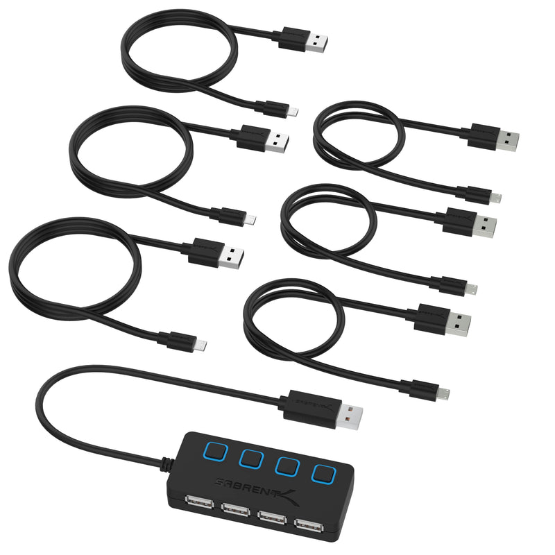 SABRENT 4-Port USB 2.0 Hub with Individual LED lit Power Switches + [6-Pack] 22AWG Premium Micro USB Cables (X3-3ft + X3-1ft) High Speed USB 2.0 A Male to Micro B Sync and Charge Cables