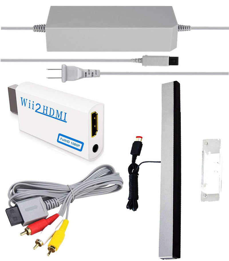 4 in 1 Wii Replacement Cables Set - AC Power Adapter, Wii to HDMI Converter, Wired Motion Sensor Bar and Composite AV Cable Sensor Bar + AV Cord + AC Adapter